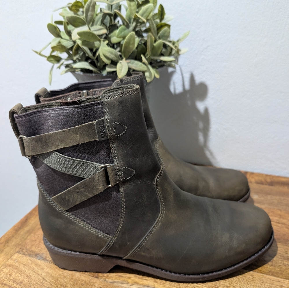 TEVA DARK ELLERY OLIVE WATERPROOF LEATHER‎ ANKLE BOOTS WOMEN EU 40/ Us 9